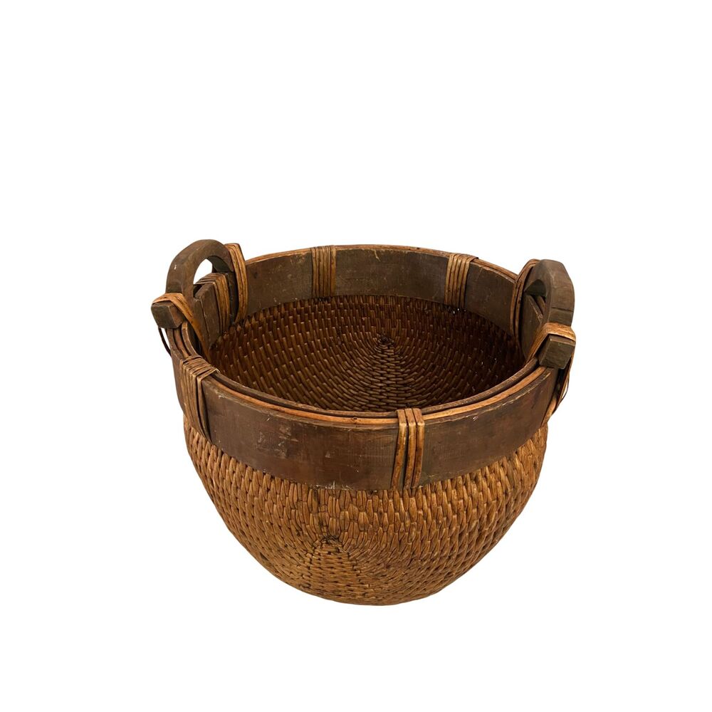 Chinese Woven Willow Rice Basket w/ 2 Wood Hand Carved Handles 19th Century - Picture 8 of 11